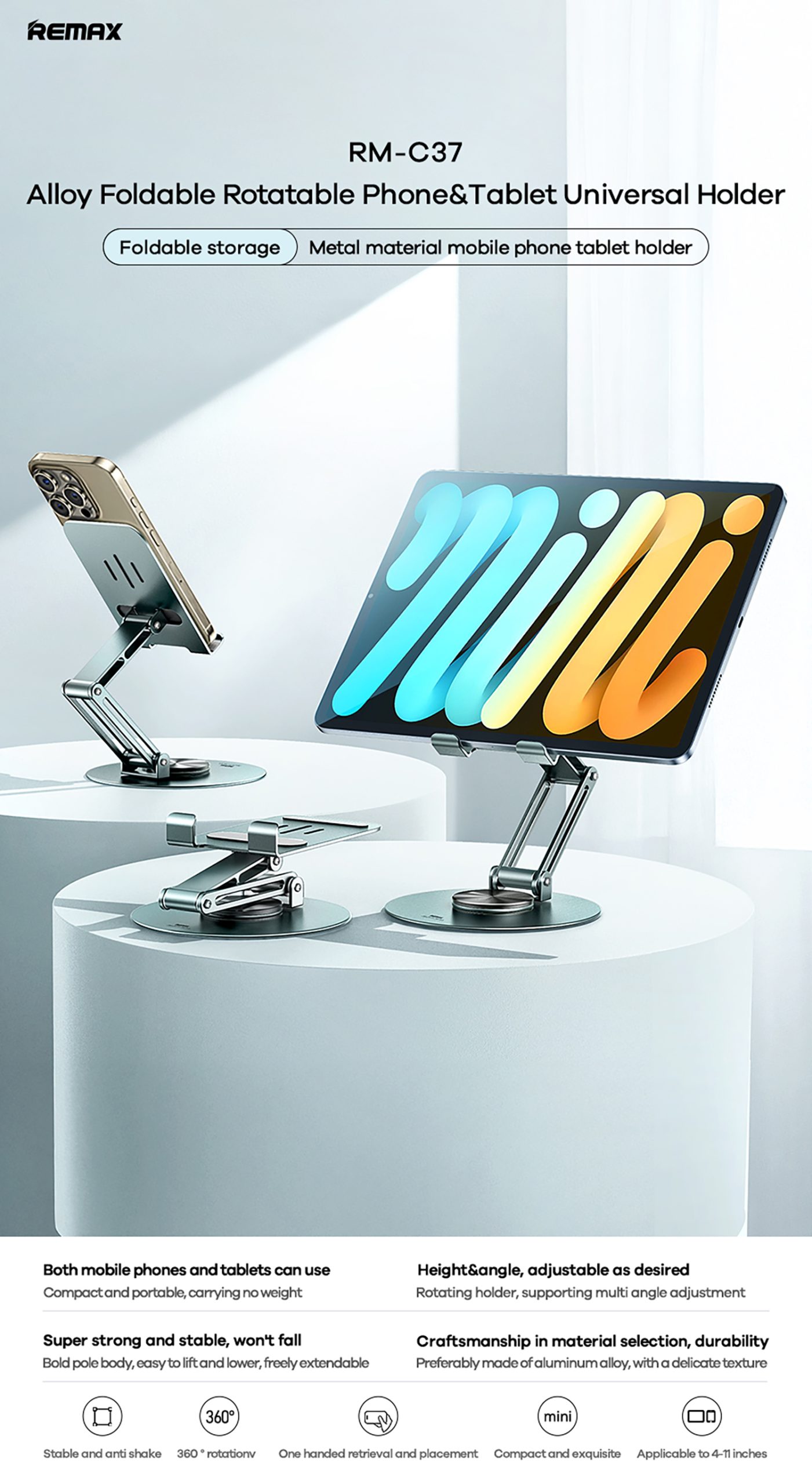 Remax RM-C37 Foldable Alloy Phone & Tablet Holder - Image 4