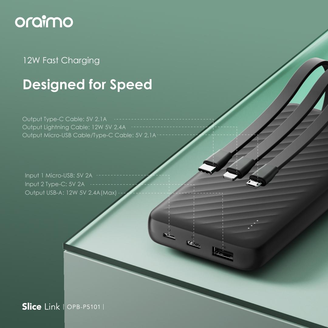 Oraimo OPB-P5101 Slice Link 10,000mAh Power Bank – 3-in-1 Built-In Cables - Image 3